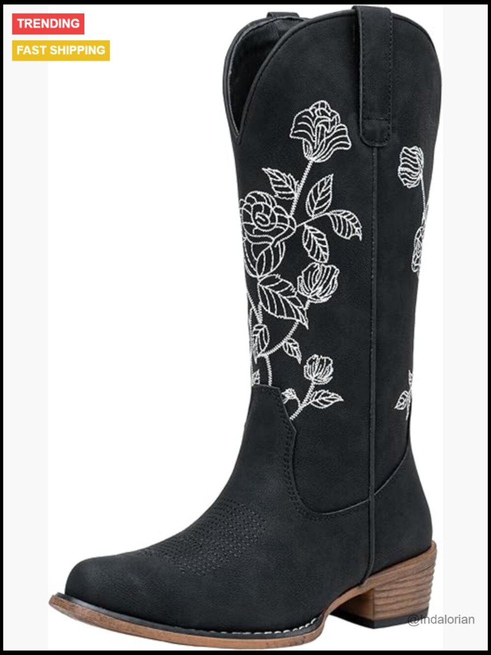 Women's Western Cowboy Boots, Mid Calf Embroidered Flower Cowgirl Boots with